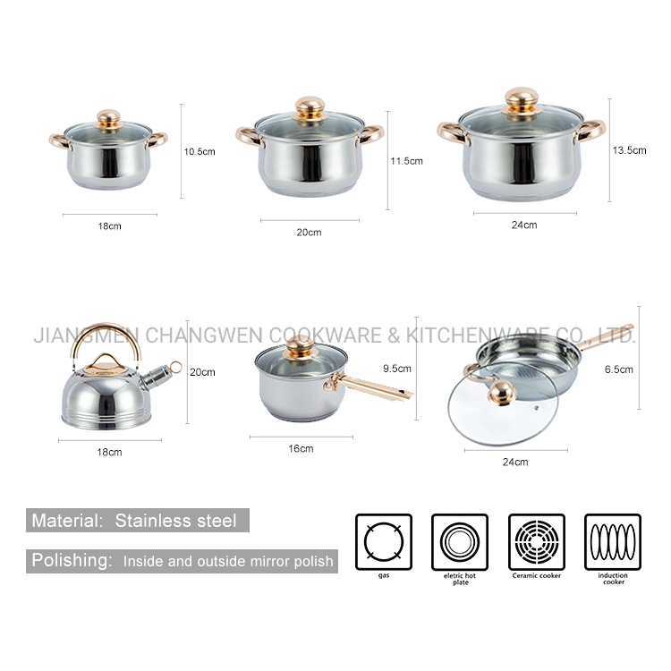 Belly Body Shape 12PCS Stainless Steel Home Appliance Cookware Sets with Fry Pan
