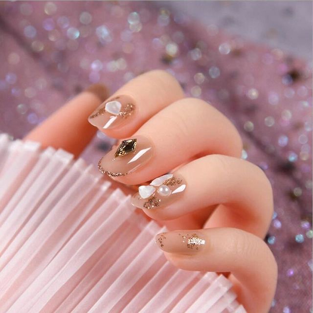Nude Gold Leaf Round Head in Foreign Trade Japanese Summer Removable Iced Bean Paste False Nails