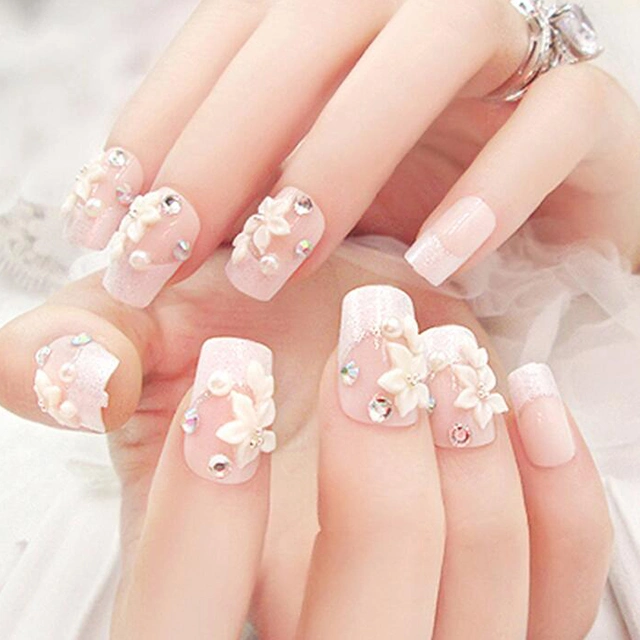 Colorful Pearl Floret Rivets Wine Red and Colorful False Nails Elegant and Fashionable Round Head Medium False Nails