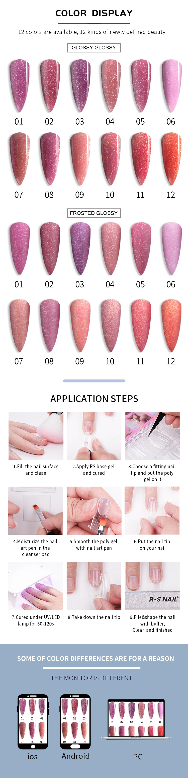 Free Samples RS Nail Soak off Easy to Use Long Lasting Nail Extension Gel Pearl Glitter Gel