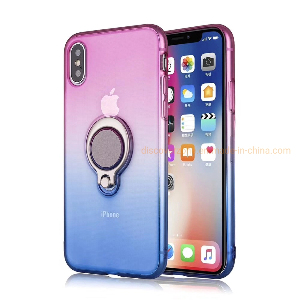 Ultra-Thin TPU+PC Two-Color Gradient Cellphone Case with Ring Car Holder for iPhone