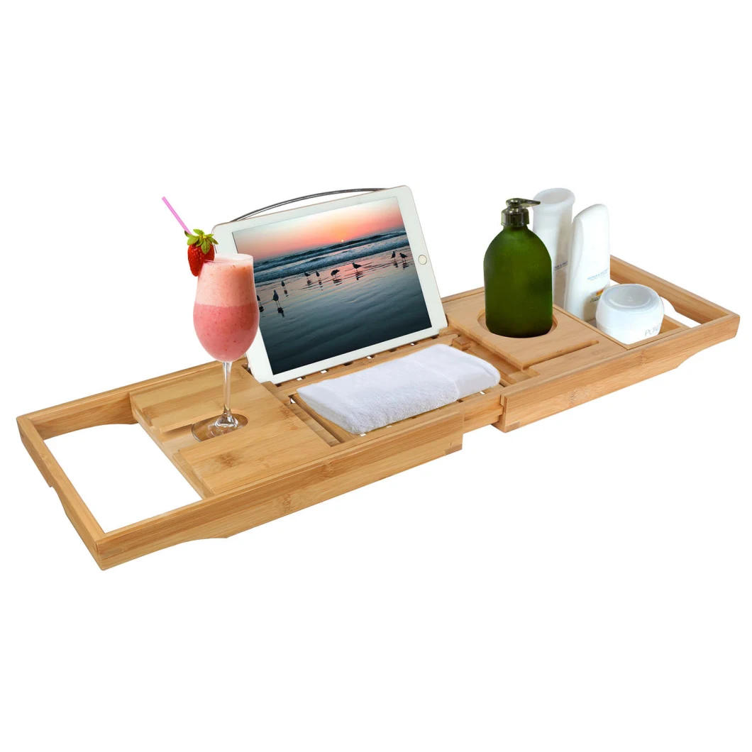Bamboo Bathtub Caddy Tray with Extending Sides, Adjustable Book or Tablet Holder, Cellphone Tray Organizer