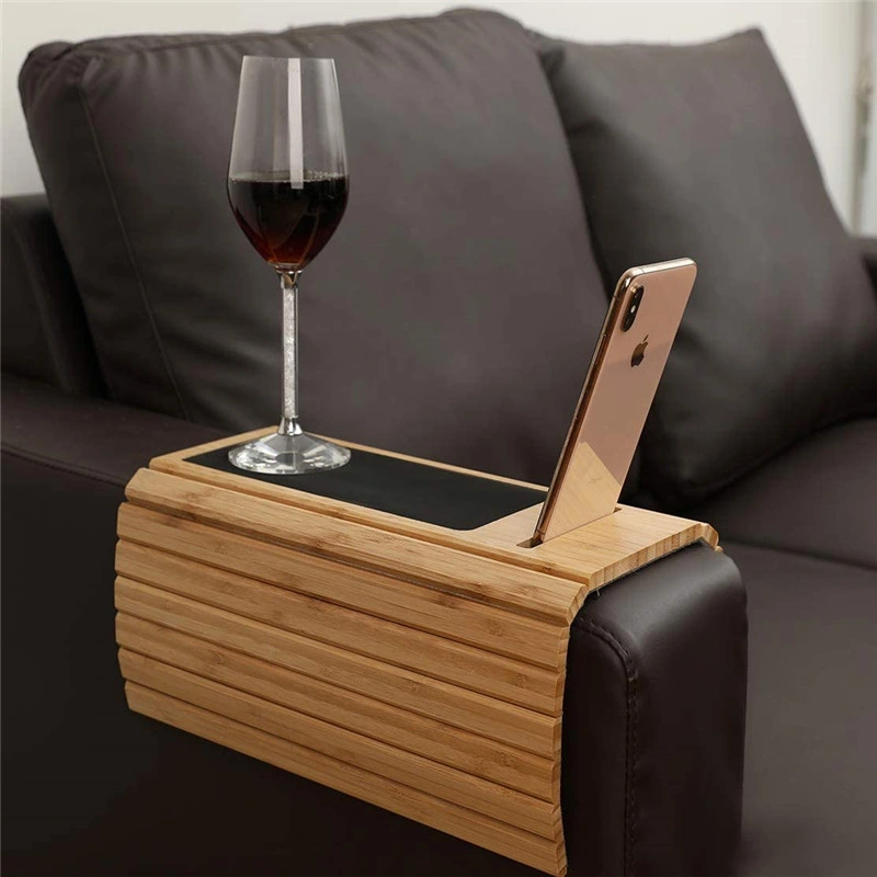 Dark Brown Bamboo Sofa Tray with Cup Holder Phone Holder