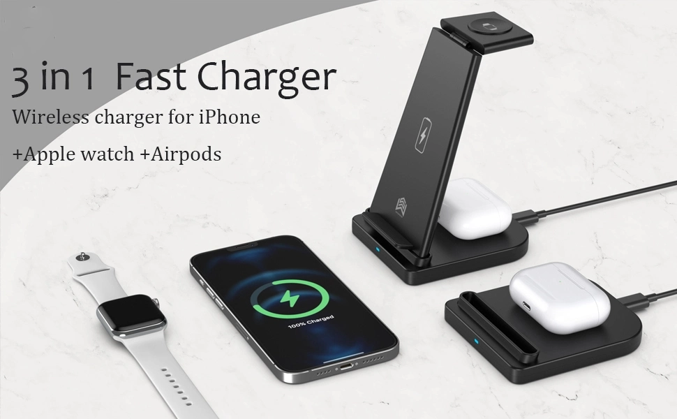 Hotsales Folding Portable Phone Stand Holder Fast Charging Station Dock 3 in 1 Wireless Charger for iPhone Airpods/Watch
