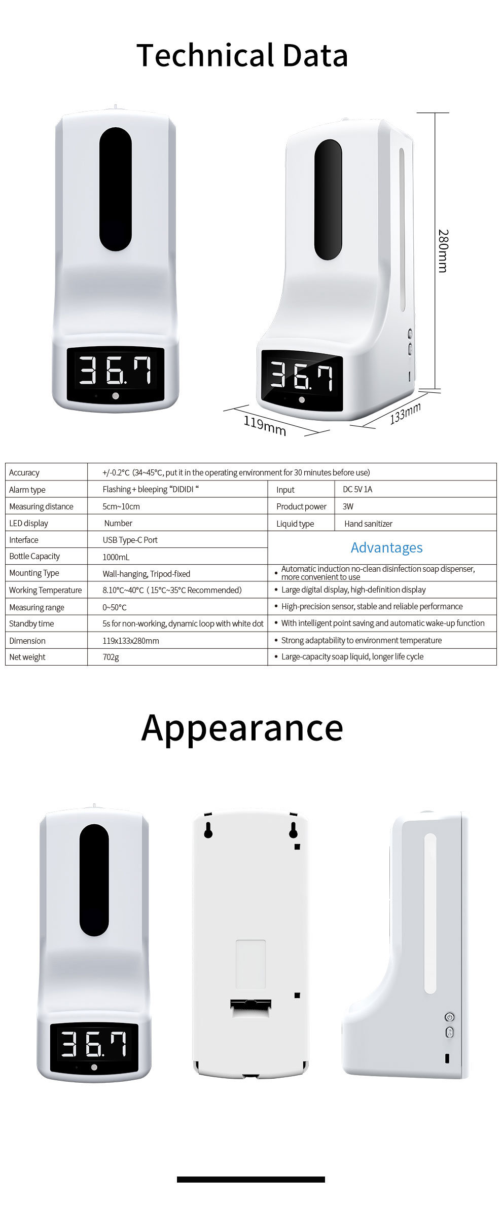 Automatic Thermometer Measurement with Hands Free Hands Wash Dispenser T9