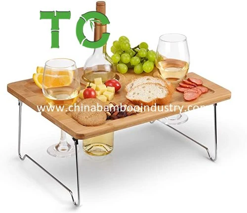 Hotselling Portable Bamboo Wine and Snack Picnic Table with Bottle and Wine Glasses Holder Snack and Cheese Holder Tray Foldable Bamboo Snack Table