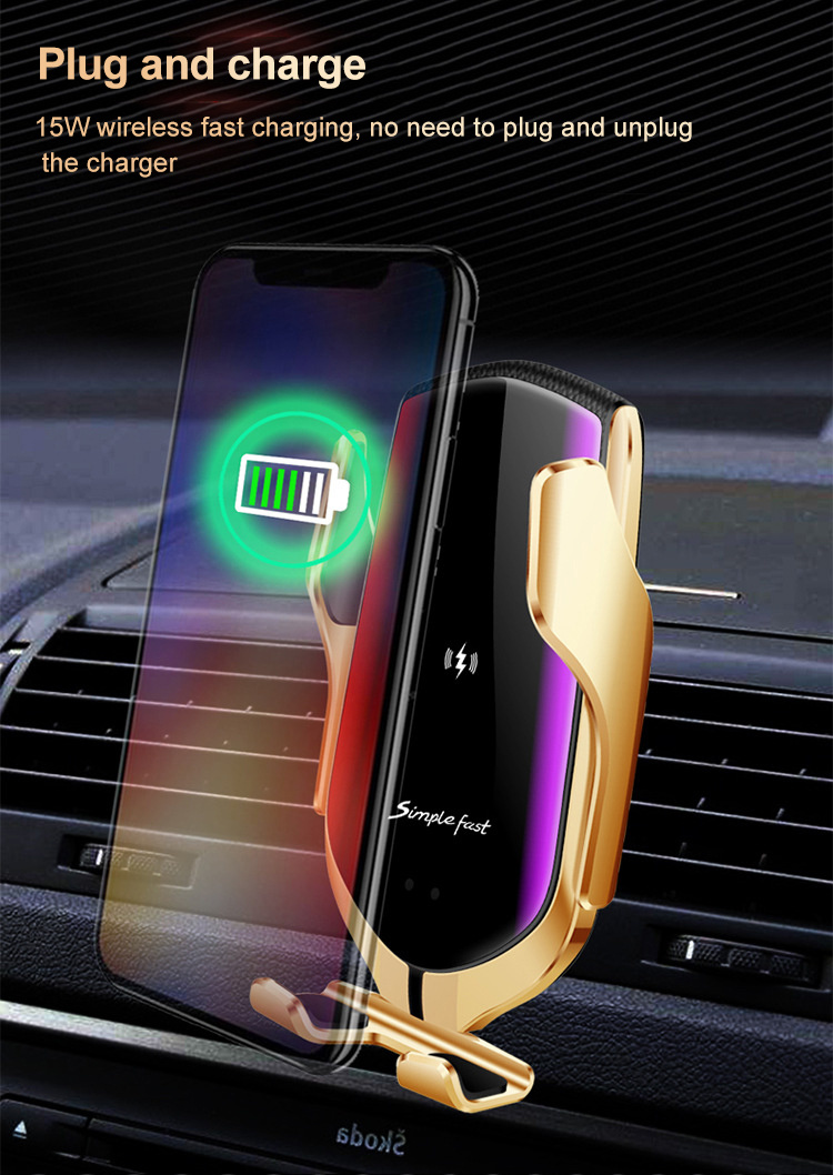 R2 Wireless Charger Automatic Clamping Smart Sensor Car Phone Holder for Smartphones