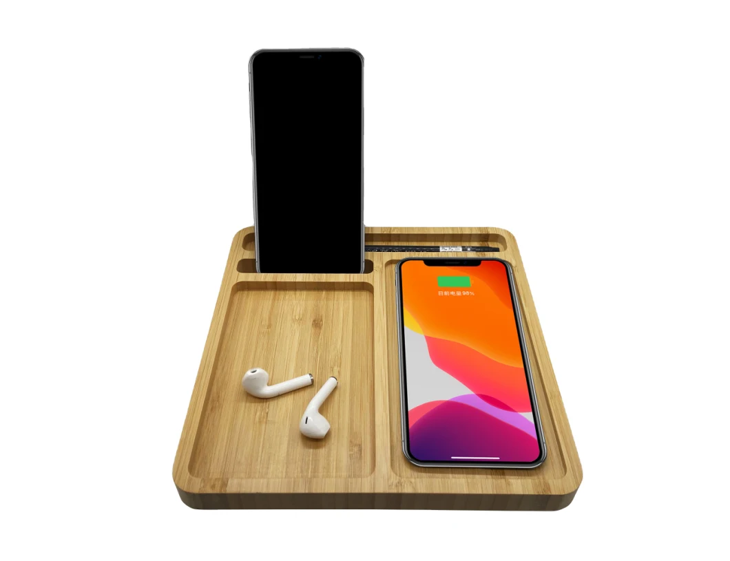 Bamboo Wireless Charger with Multi-Function with Phone Stand/Pen Stand/Coin Stand