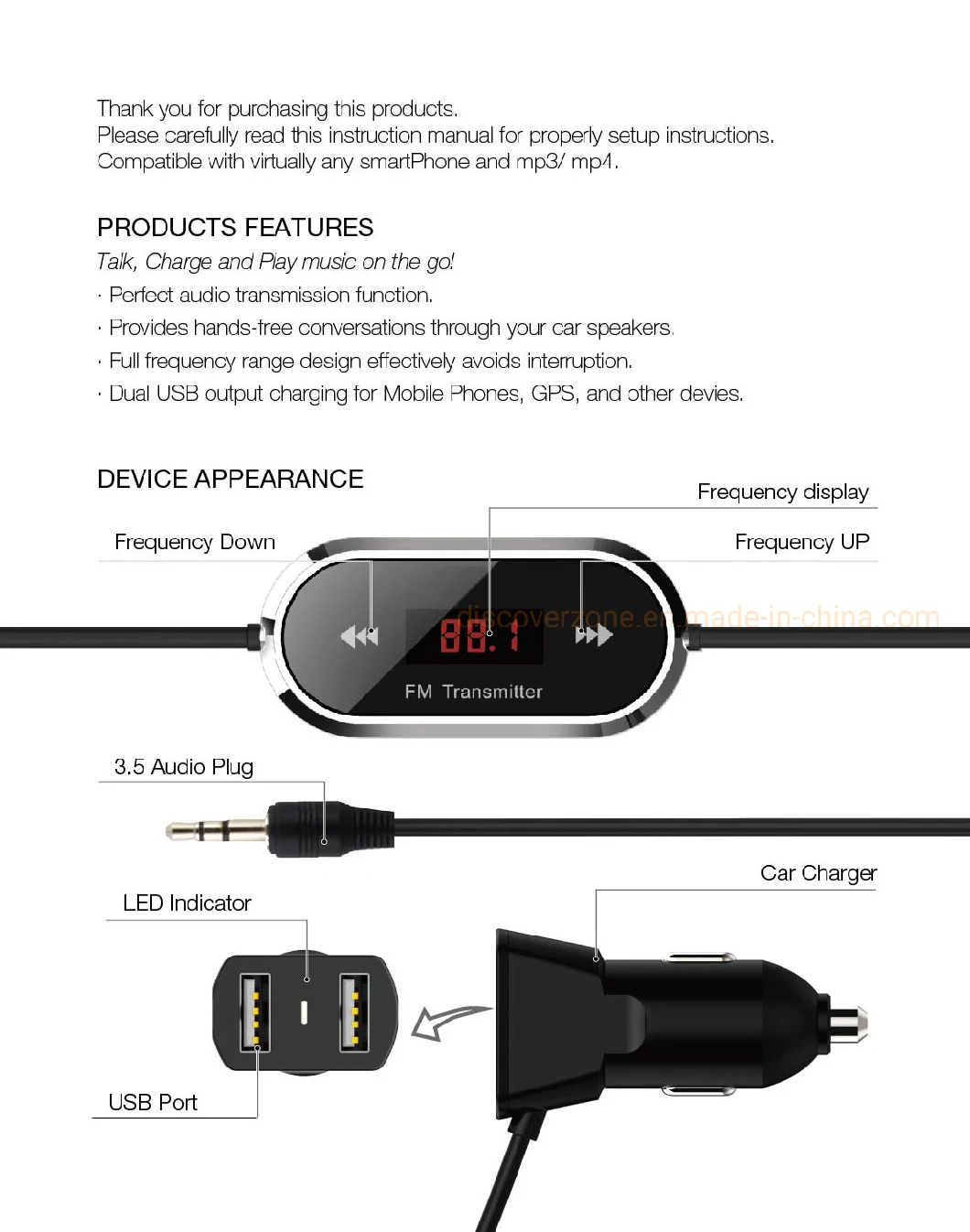 3.5mm Mobile Phone FM Transmitter, Android Mobile Phone Charger, Car Hands-Free Calling