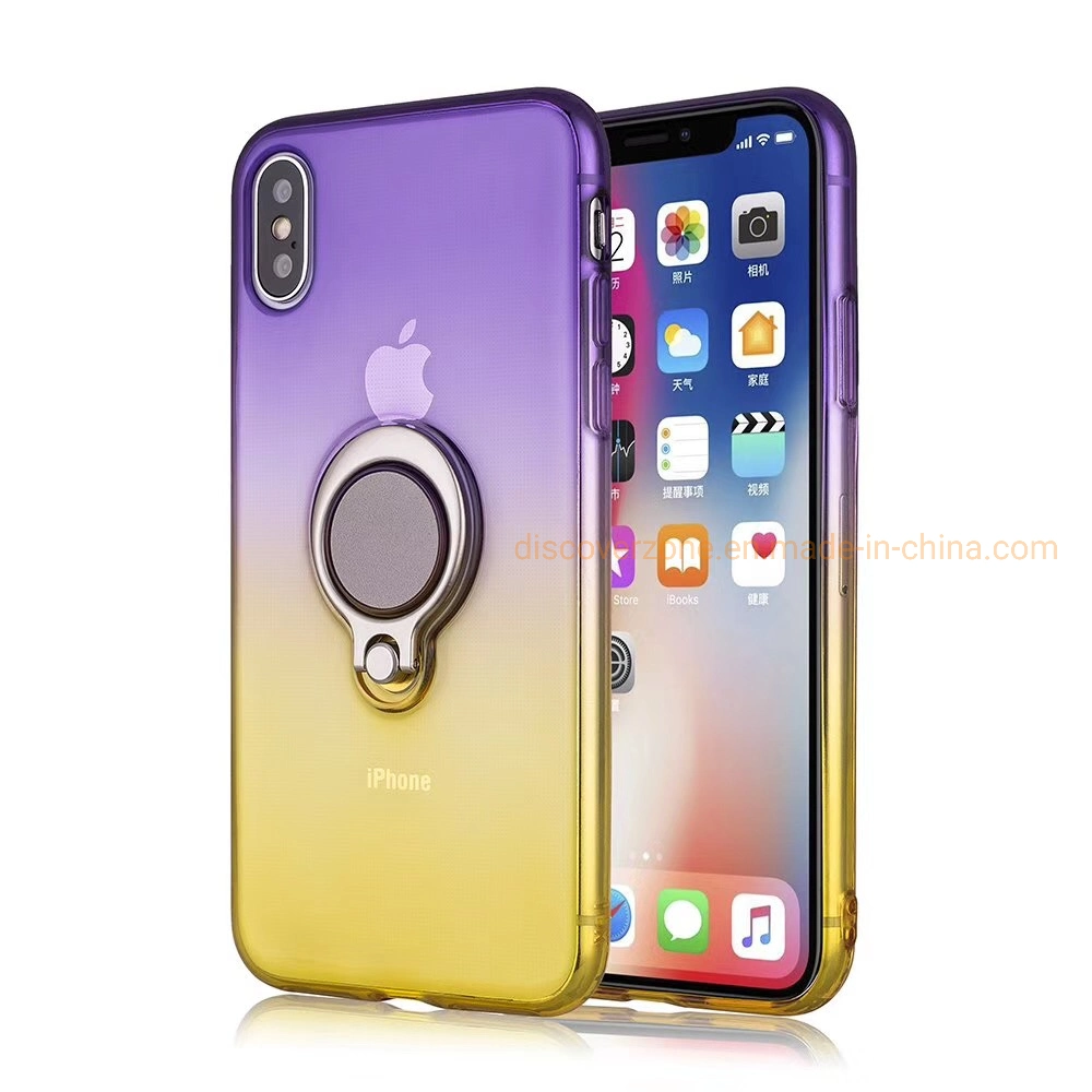 Ultra-Thin TPU+PC Two-Color Gradient Cellphone Case with Ring Car Holder for iPhone