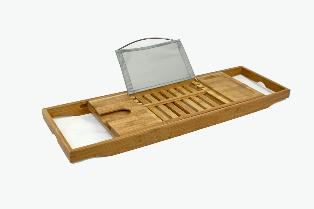 Bamboo Bathtub Caddy Tray Wooden Bath Tray with Extending Arms, Reading Rack, Tablet Holder, Cellphone Tray and Wine Glass Holder