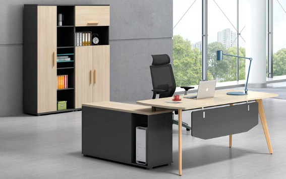 Melamine Office General Manager Table L Shape Computer Table with Solid Wood Legs