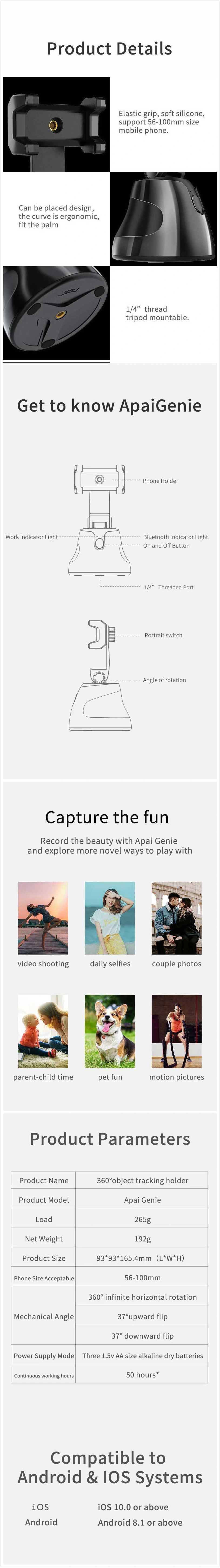 Apai Genie 360 Degree Rotation Auto Selfie Face Smart Object Tracking Cell Phone Holder