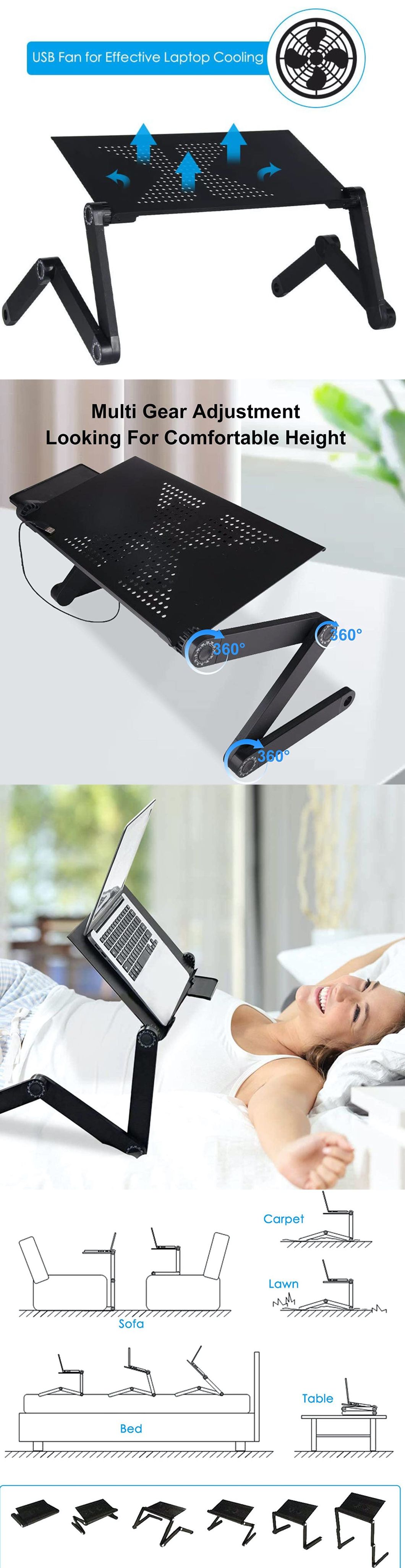 Portable Adjustable Folding Laptop Computer Desk Stand Table with CPU Fans Mouse Pad