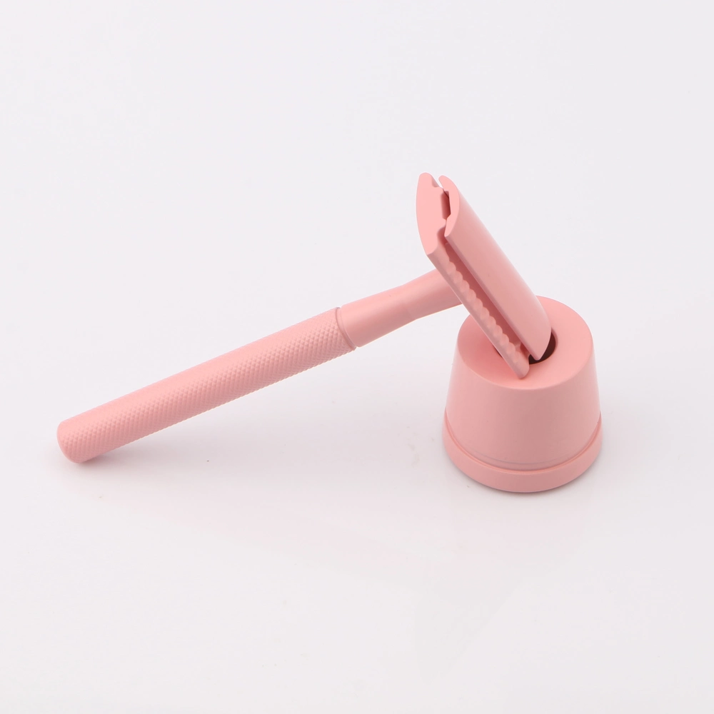 Pink Color Reusable Aluminium Safety Razor with Stand Metal Holder Razor Base