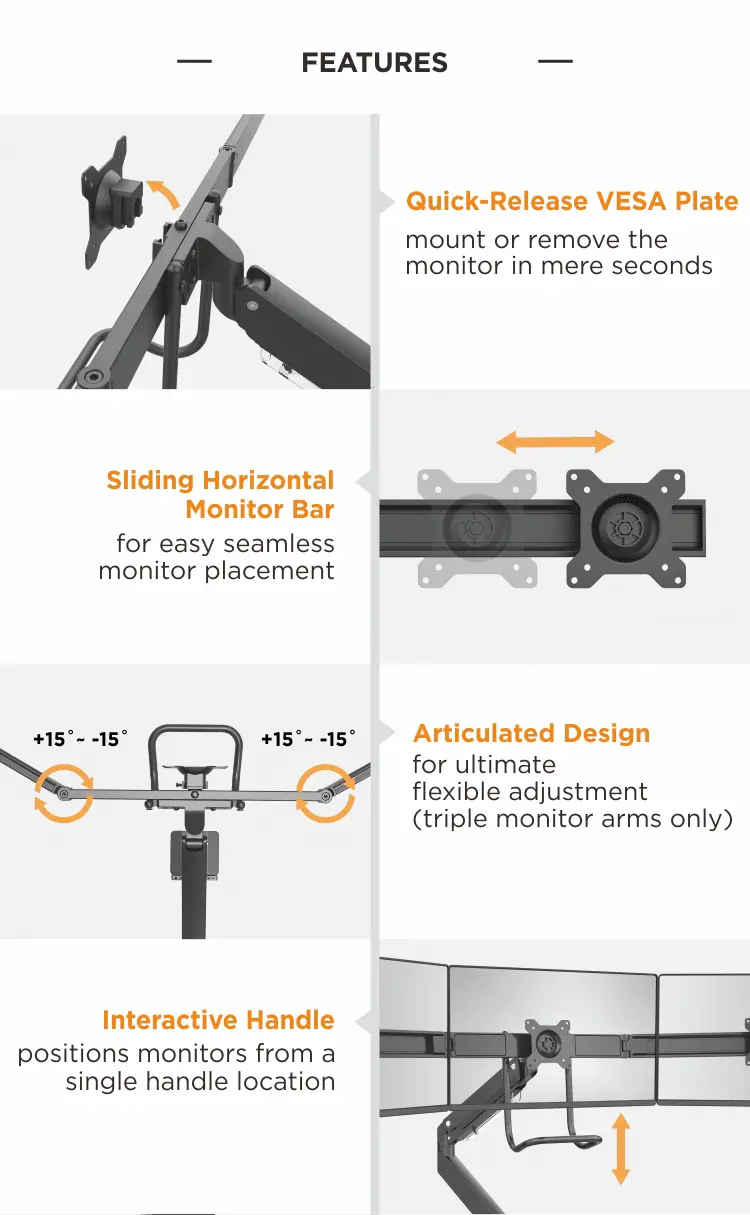 Aluminum Heavy-Duty Gas Spring Adjustable Monitor Arm with Handle