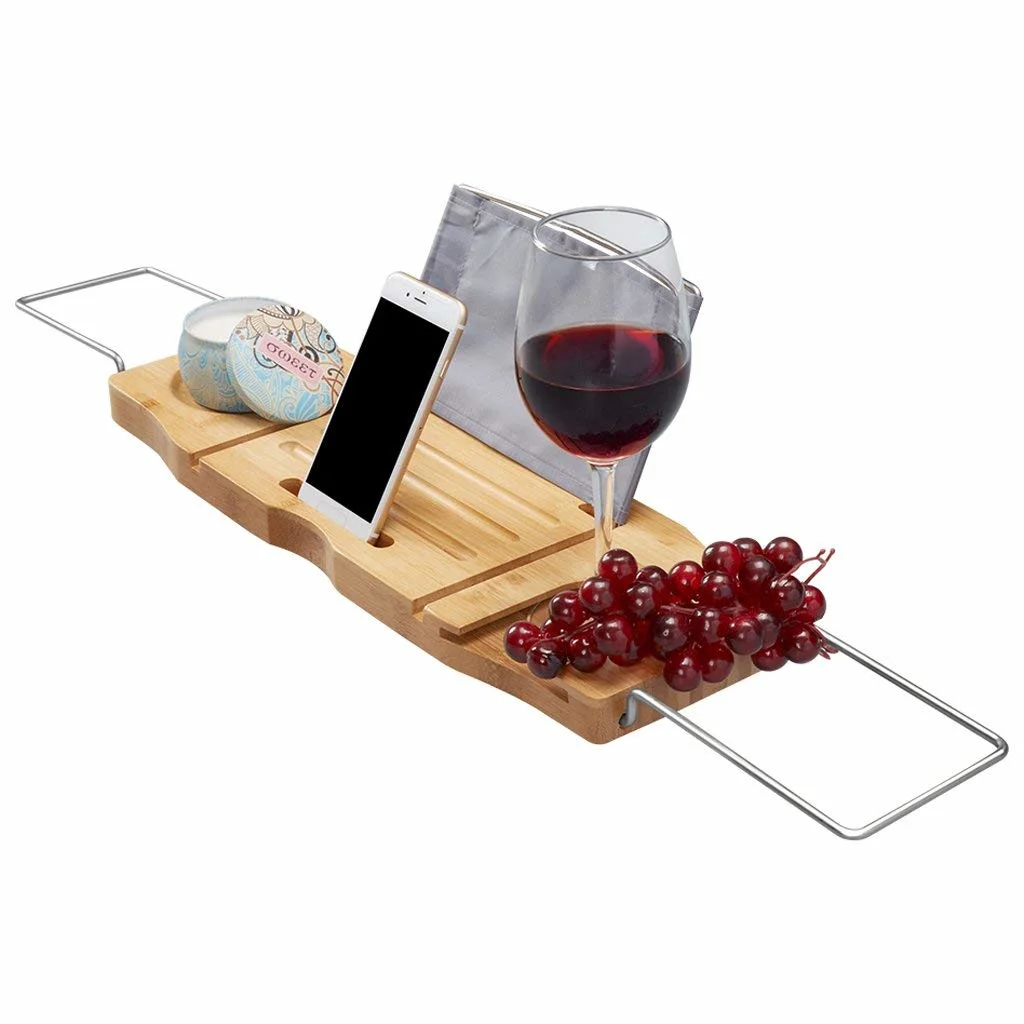 Bamboo Bathtub Caddy Tray with Extending Sides, Reading Rack, Tablet Holder, Cellphone Tray and Wine Glass Holder, Natural Bath Accessories