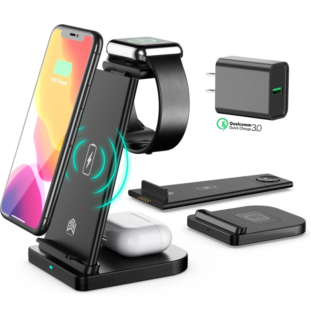 Unique Folding Portable Phone Stand Holder Fast Charging Station Dock Mobile Charger Smart 3 in 1 Wireless Charger for iPhone Airpods/Iwatch