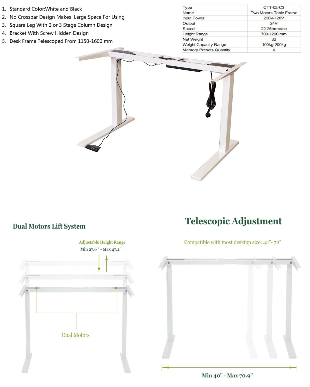 Electric Sit-Stand Adjustable Height Table Legs for Office and Study Table