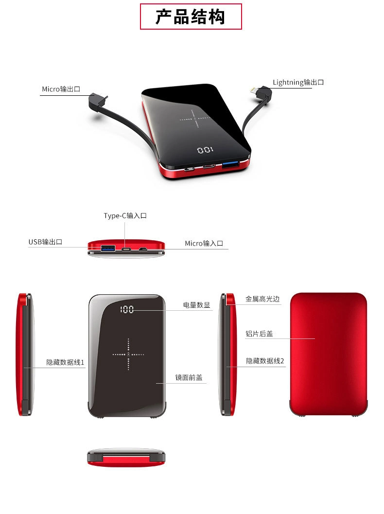 Mini Portable Power Bank with Built-in Cables LCD Display Compatible with USB-Powered Devices