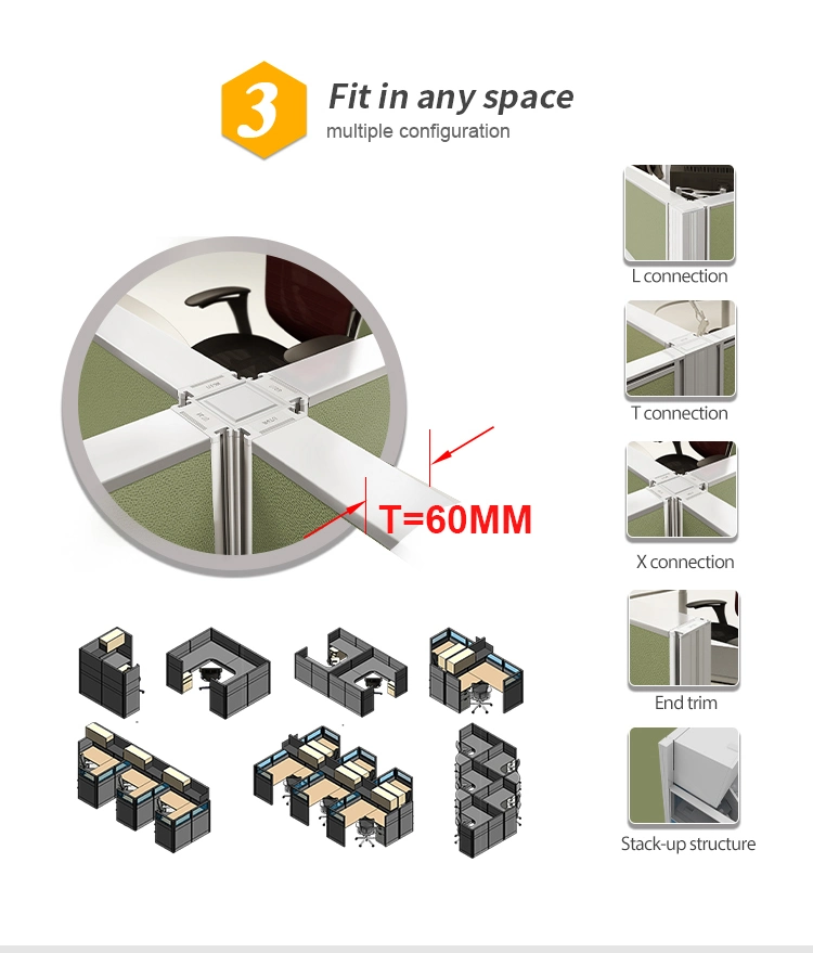 Modern Office Furniture Aluminum Frame Dividers Partition Office Cubicle Workstation for Small Office