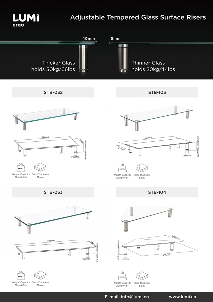 Adjustable Tempered Glass Surface Riser, Adjustable Desk Riser