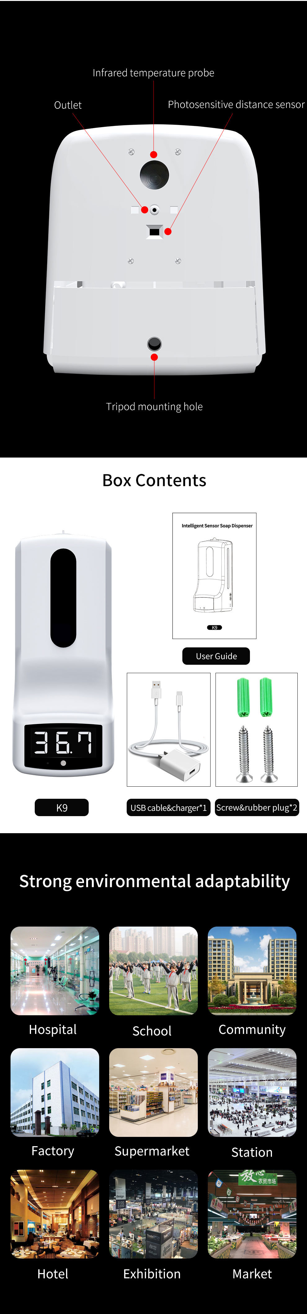 Automatic Thermometer Measurement with Hands Free Hands Wash Dispenser T9