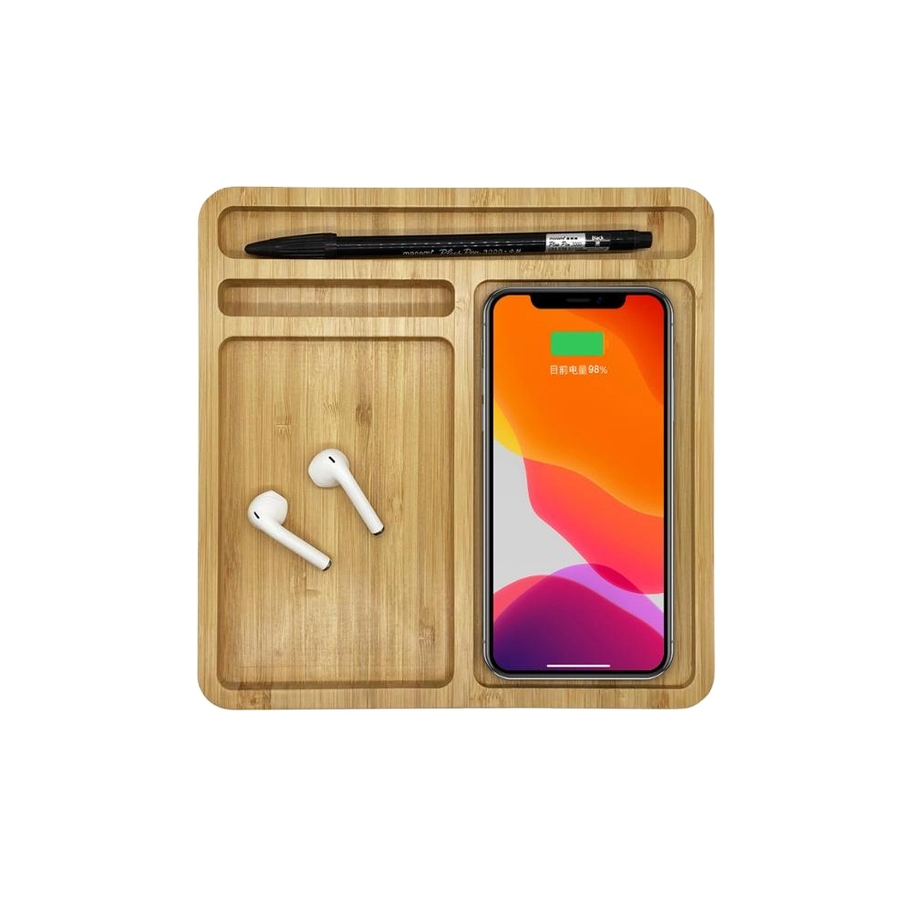 Bamboo Wireless Charger with Multi-Function with Phone Stand/Pen Stand/Coin Stand
