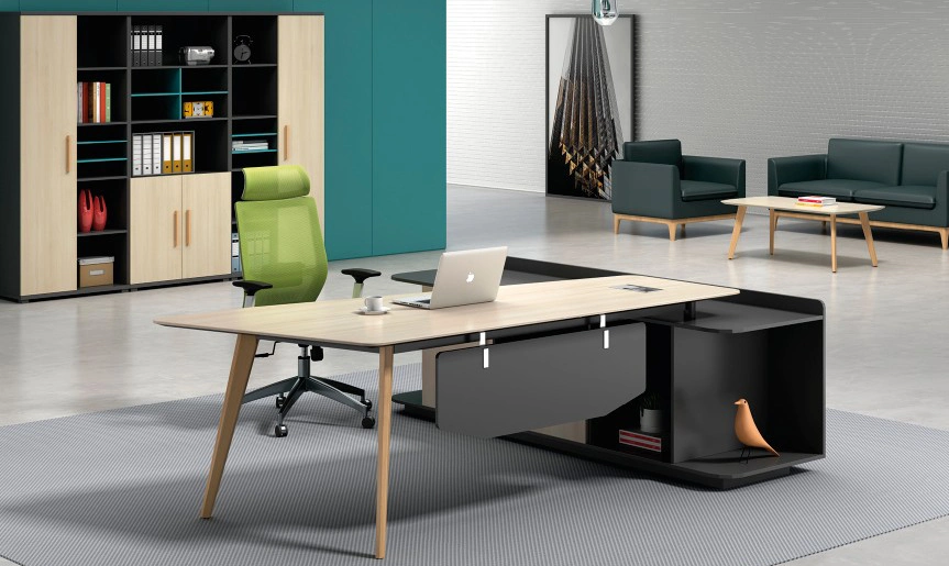 Melamine Office General Manager Table L Shape Computer Table with Solid Wood Legs