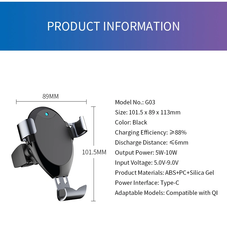 G03 Car Charger Air Outlet Clip Type C Interface Gravity Sensor Mobile Holder Wireless Charger