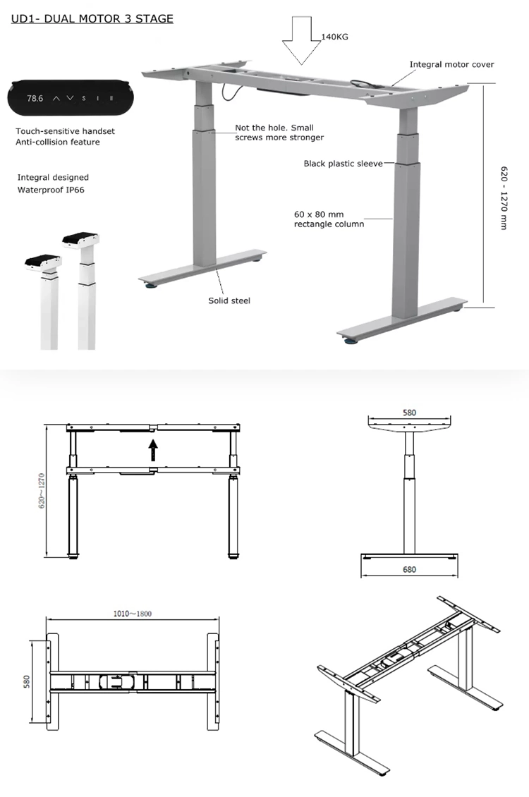Dual Motors Office Desk 3 Segments Lifting Column Standing Desk