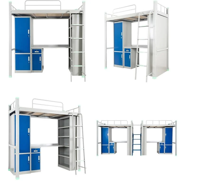 Steel Student Dormitory Iron Bunk Bed with Study Table Wardrobe and Ladder