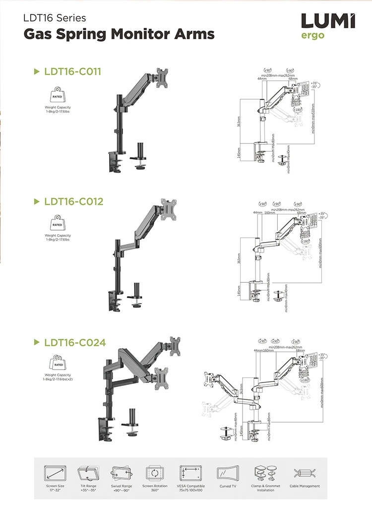 Gas Spring PC Laptop Monitor Arm, LCD Dual Monitor Arm