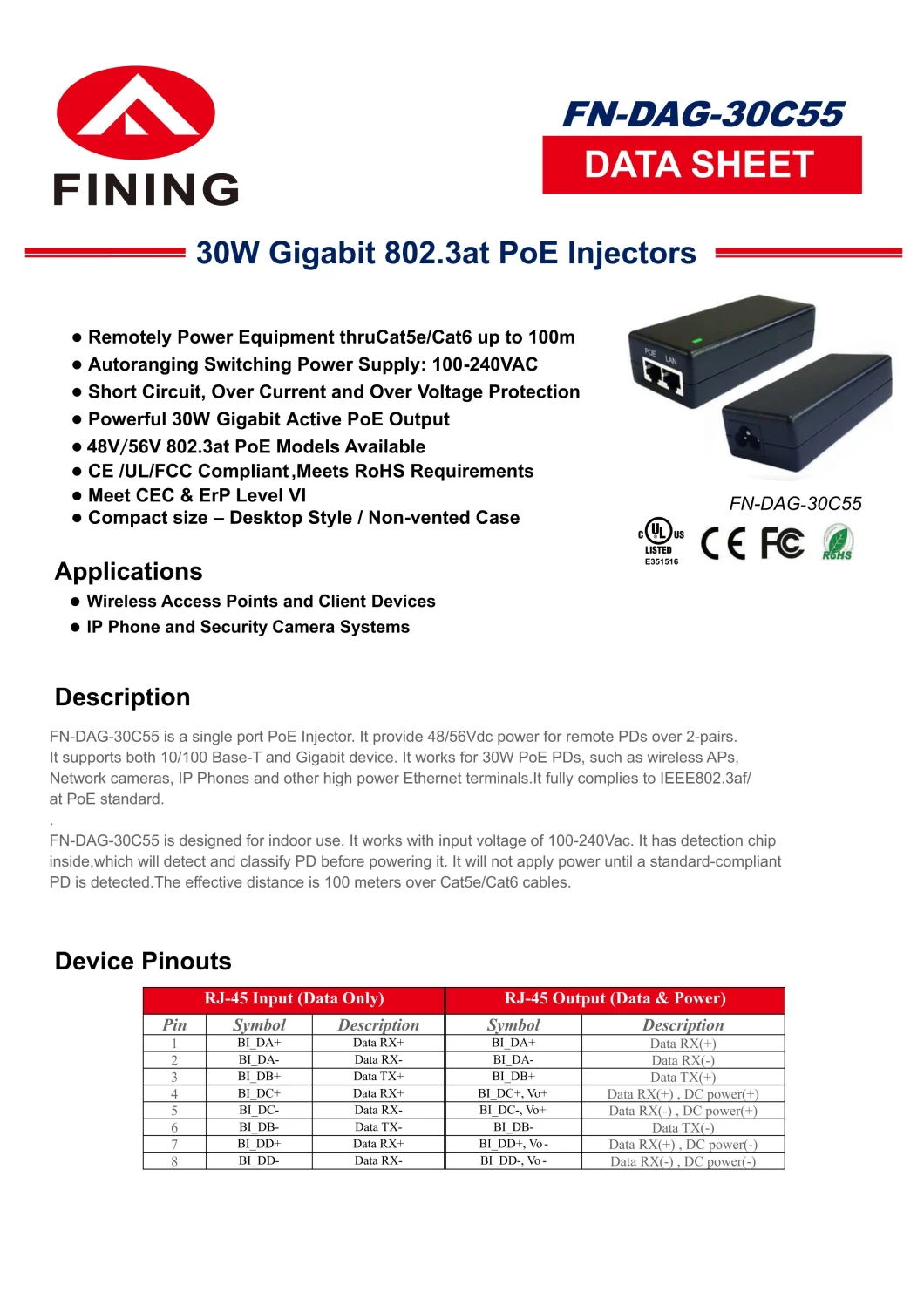 48V700mA/ 56V540mA /30W IEEE802.3at Gigabit Poe Injector for Poe Wireless Devices and Security Cameras