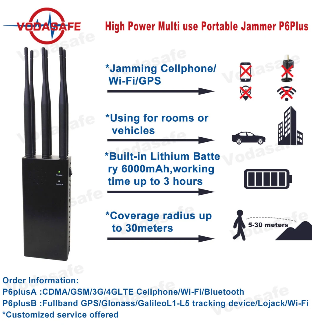 Wi-Fi GPS Lojack 6 Antennas Handheld Cell Phone Destroyer 6 Band Portable Cell Phone Jammers