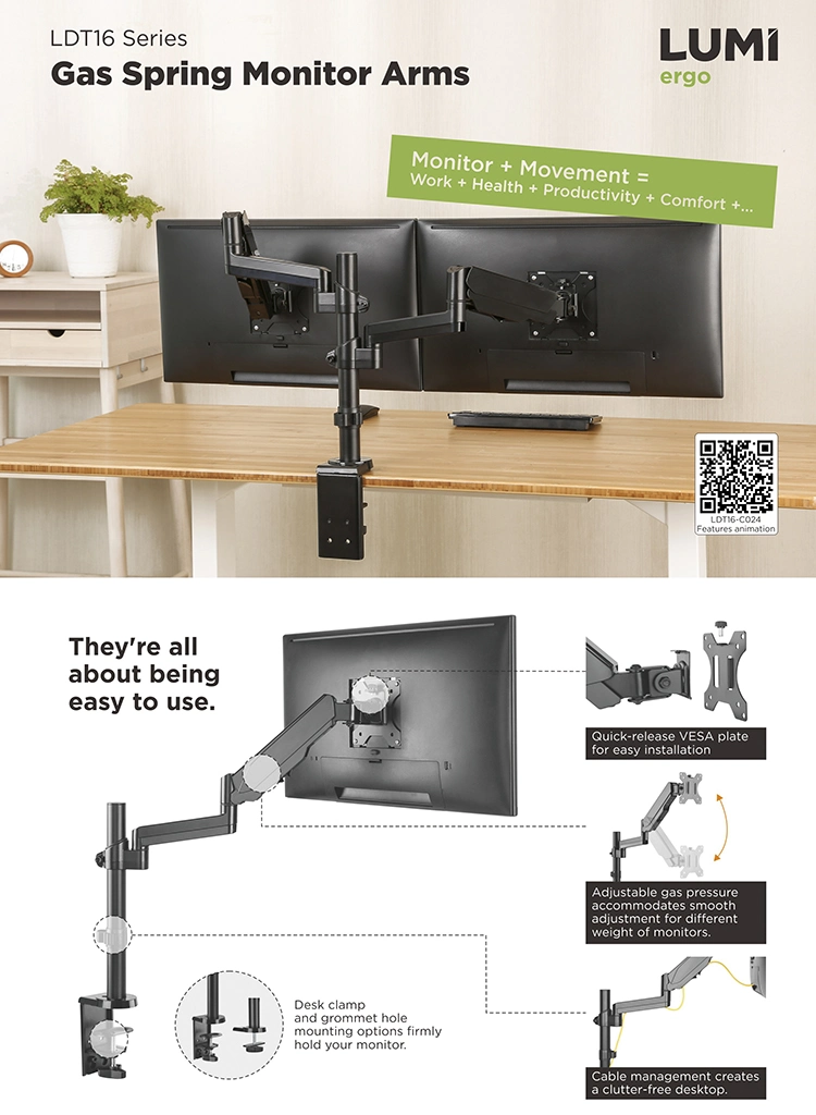 Gas Spring PC Laptop Monitor Arm, LCD Dual Monitor Arm