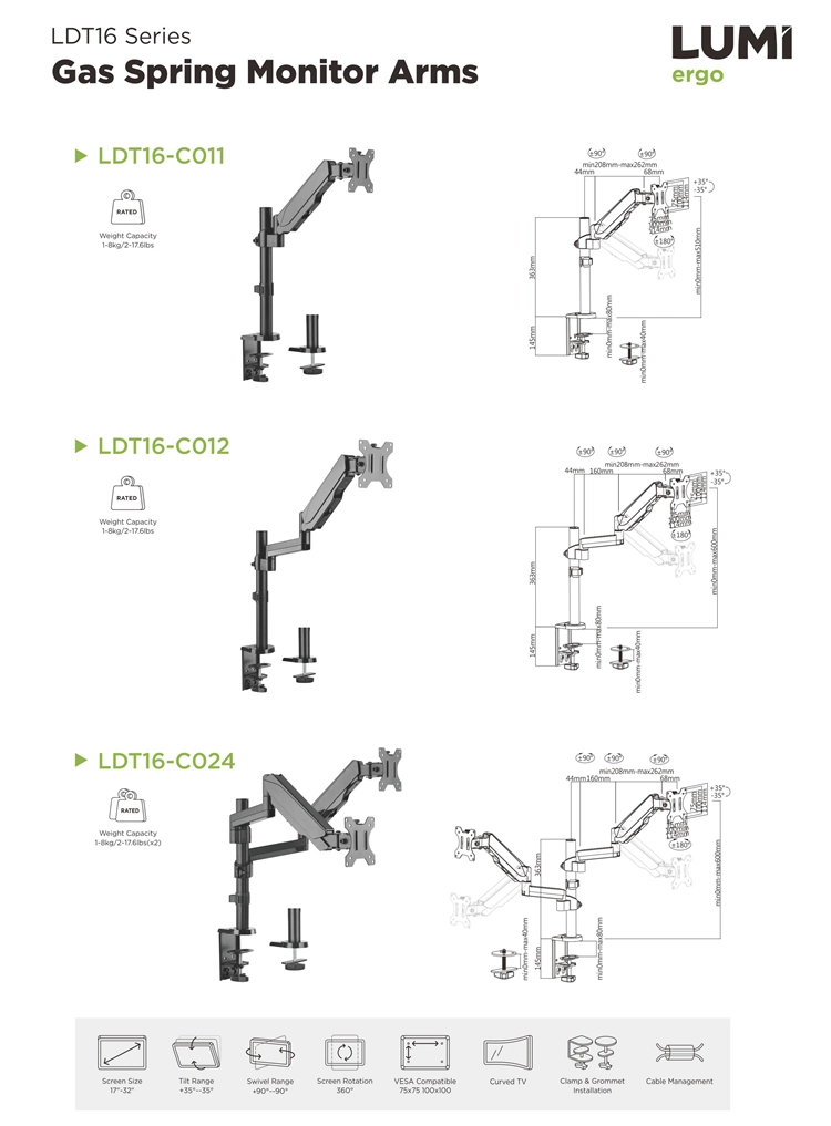 Smooth Flexible Adjustment Monitor Arm, Gas Spring Monitor Arm Desk Mount