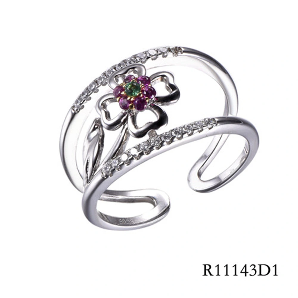 Lucky Four-Leaf Clover   Silver with CZ Flower Open Ring
