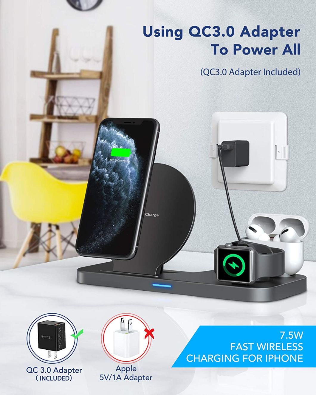 2020 Latest Wireless Charger, 3 in 1 Qi-Certified Wireless Charging Station for Airpods/Apple Watch Series 6/5/4/3/2/1, Fast Wireless Charging Stand.