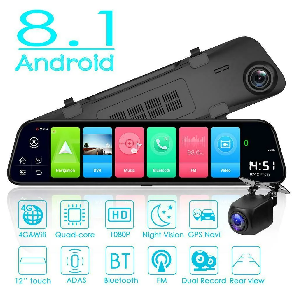2K 12 Inch Android 8.1 Car DVR GPS Navigation Dual Lens Rearview Mirror Dash Camera