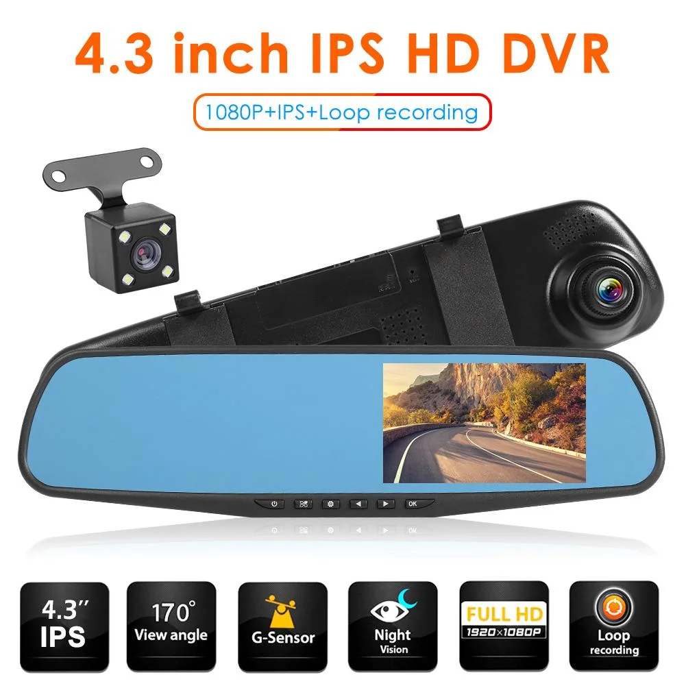 High Quality 4.3inch Dual Lens Dash Cam Rearview Mirror 1080P Manual Car Camera HD DVR Video Recorder