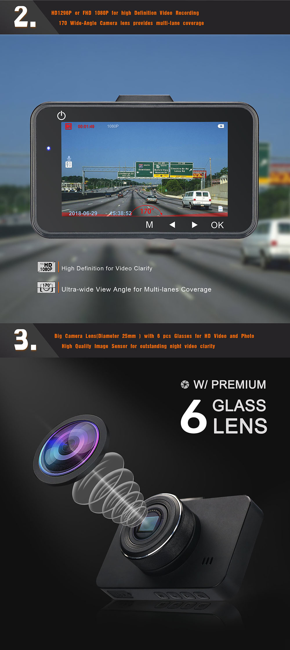 Newest 3inch 2K Car Dash Cam with Rearview Camera for Car DVR