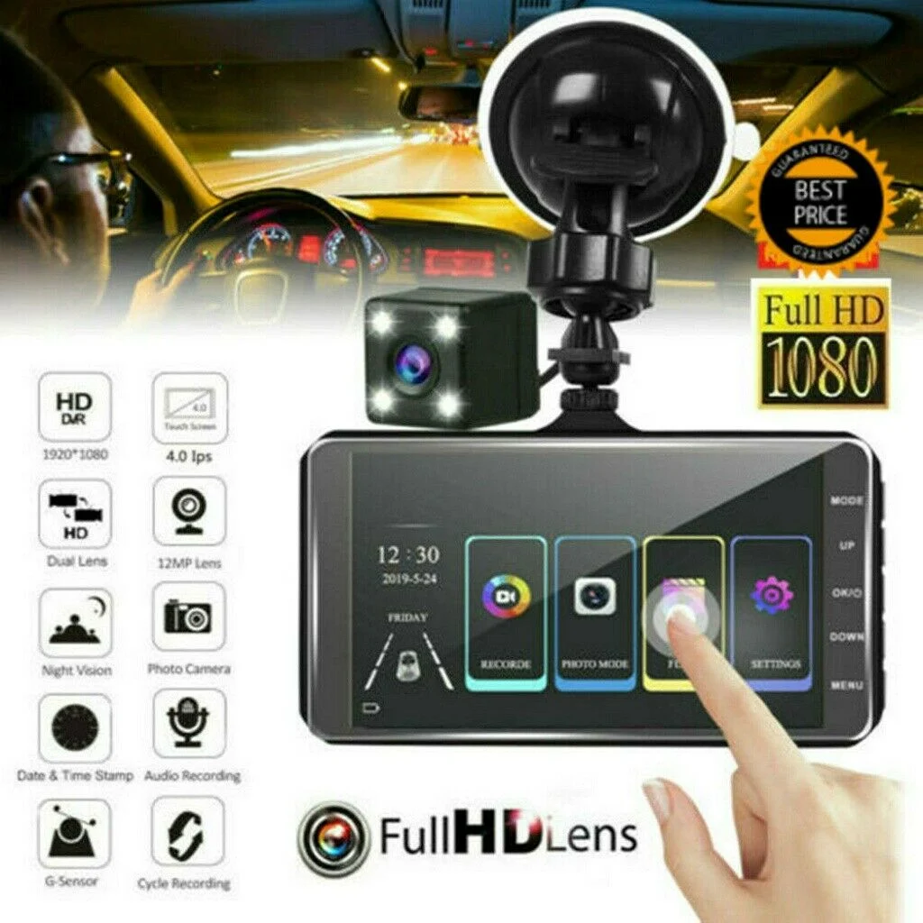 4 Inch HD 1080P Dual Lens Car DVR Touch Screen Dashcam Camera Video Recorder