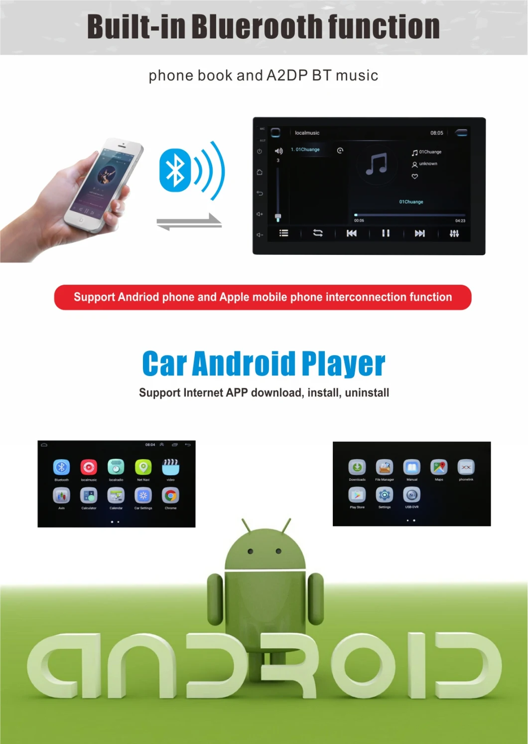 Android 2DIN 7inch Car MP5 Multimedia Player Car Radio with Stereo Video Audio System