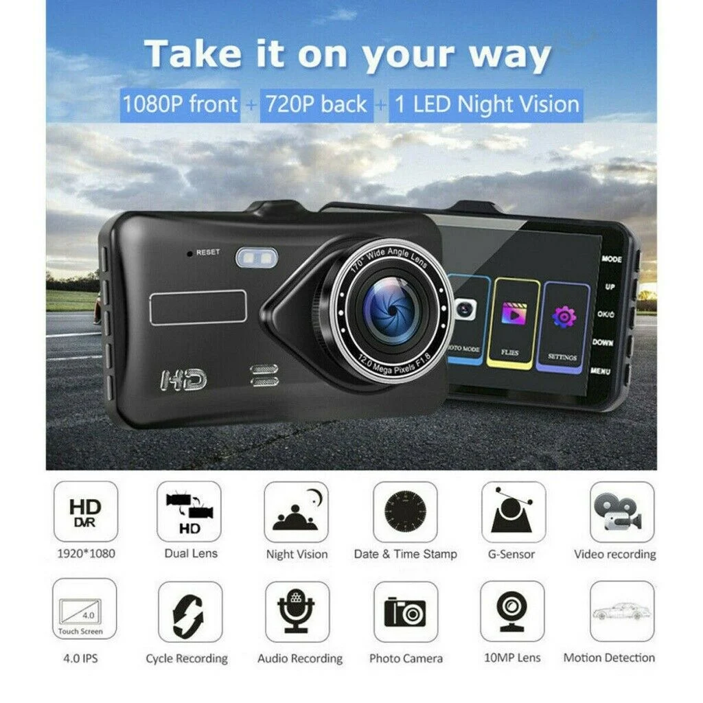 4 Inch HD 1080P Dual Lens Car DVR Touch Screen Dashcam Camera Video Recorder