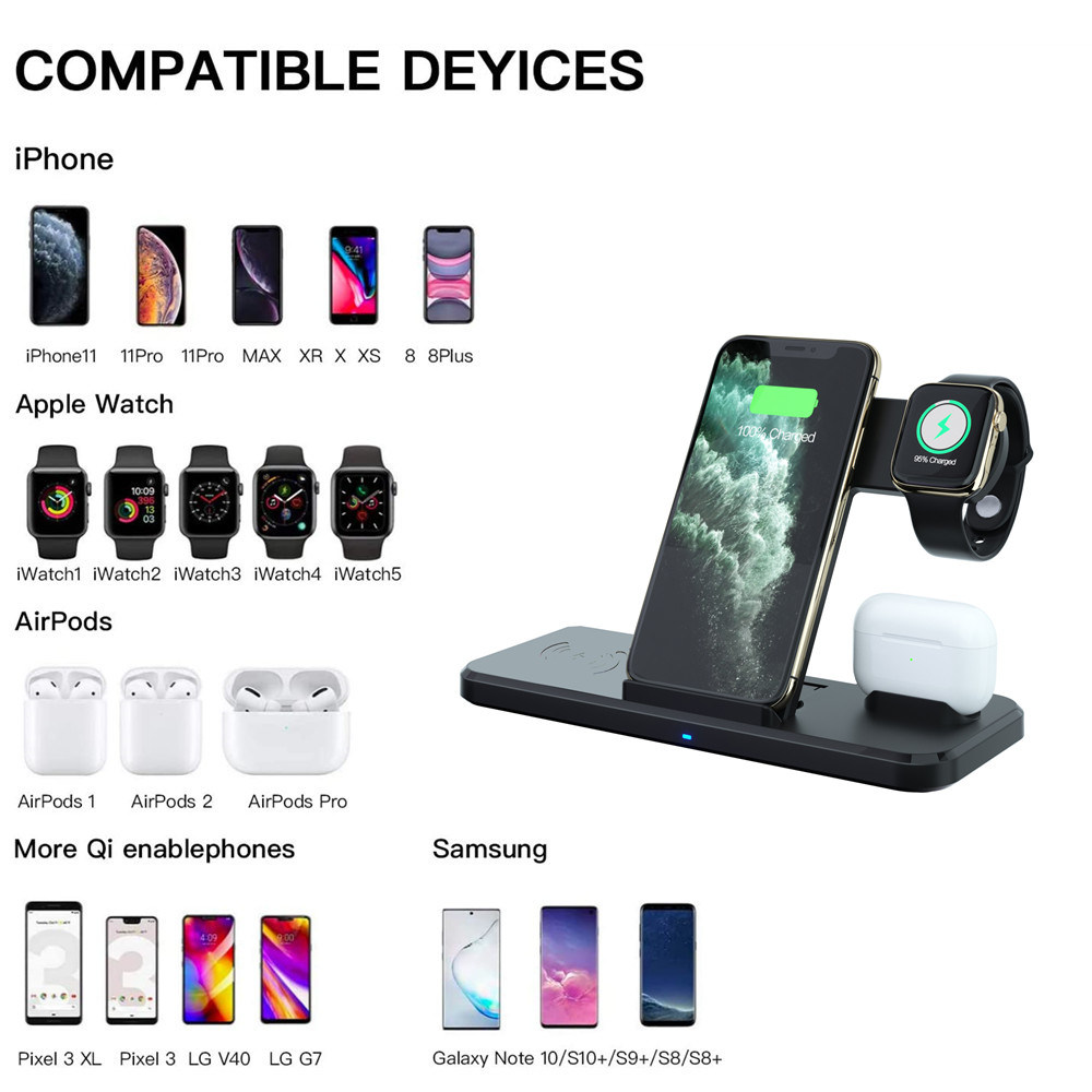Wireless Charging Station, 4 in 1 Wireless Charger Stand Compatible for Iwatch 6,Se,5,4,Wireless Charging Dock for iPhone 12 11,Se,11 PRO,11 PRO Max,Xr,Xs.