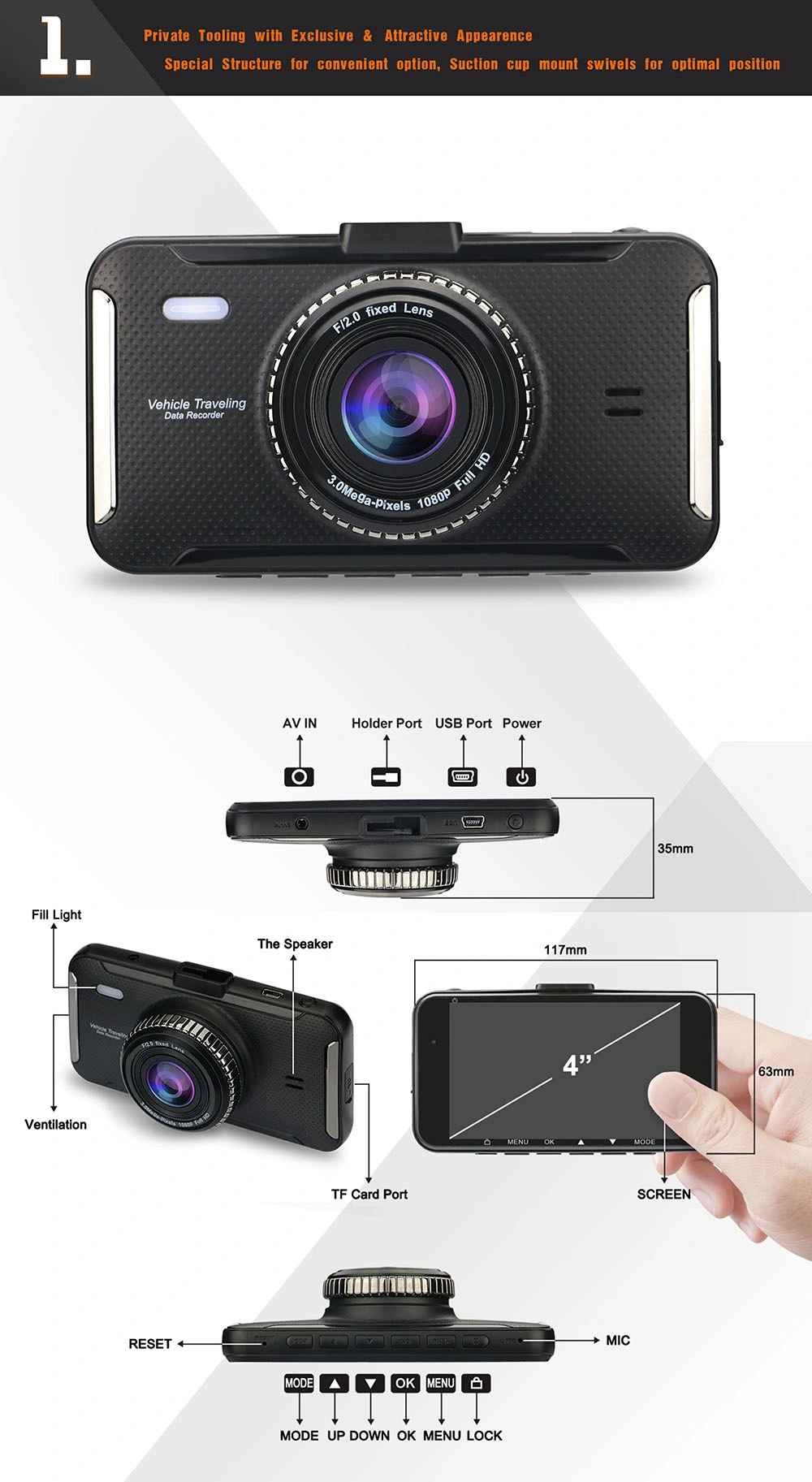 4.0 Inch Car Camcorder HD 1296p Dash Cam with Dual Camera Car DVR