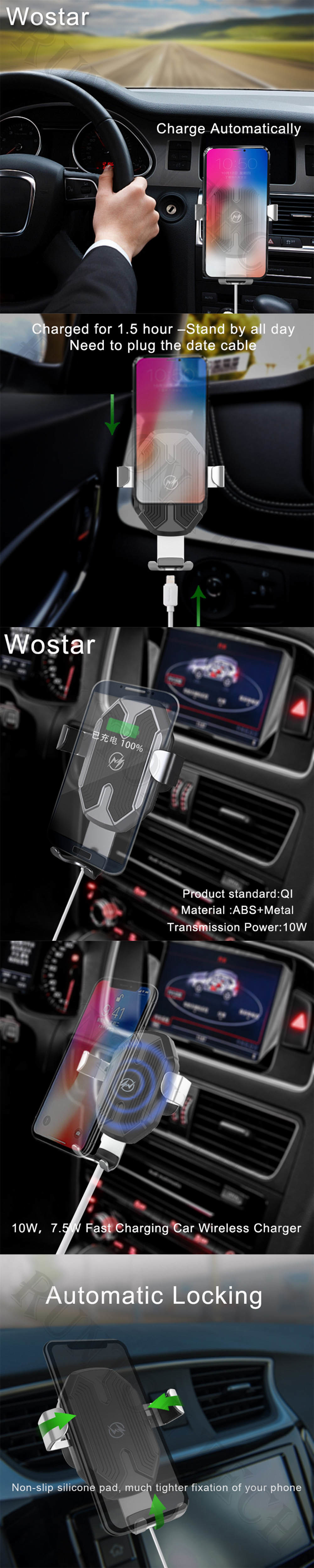 Wostar Car Charging Magnetic Mount Portable Phone Holder Fast Wireless Charger
