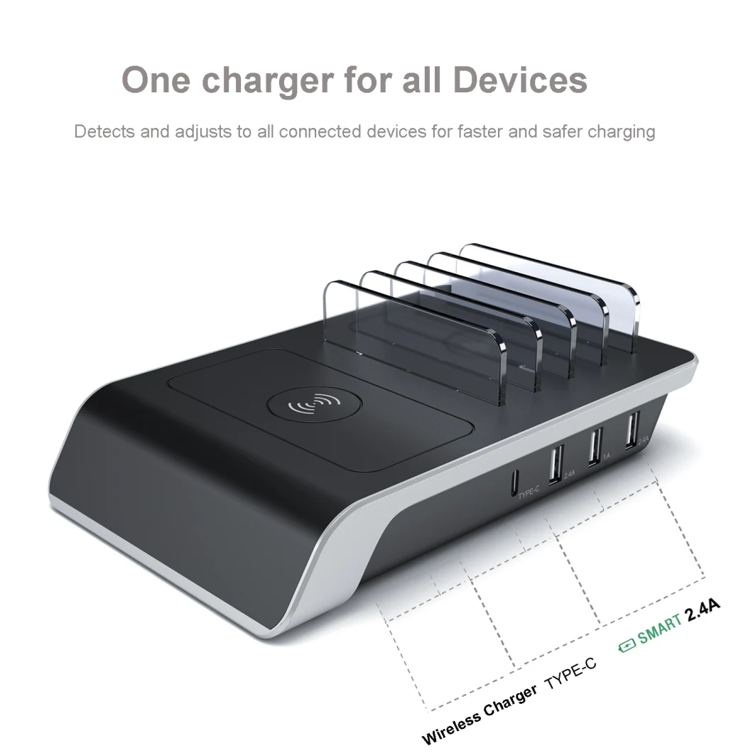 4 USB Charging Station with Qi Fast Wireless Charging