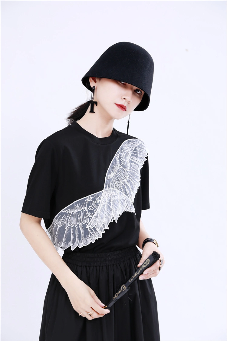 2020 Women's Short Sleeve T-Shirt Personality Top Angel Wings Embroidery Applique T-Shirt